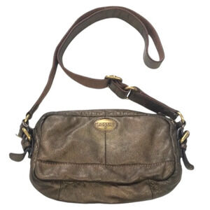 Vintage Fossil Leather Crossbody Handbag Purse Bronze Metallic Brass Hardware